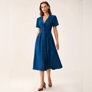 Rihoas Blue V Neck Pleated Button Midi Dress